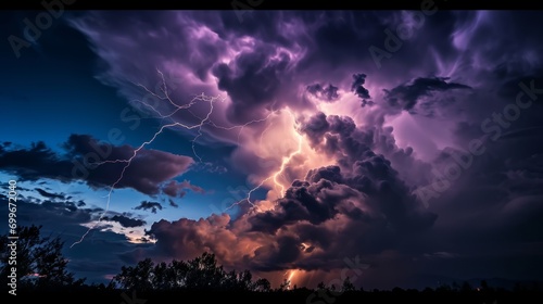 Lightning strikes illuminate the dark cloudy sky in a dramatic display of nature's power. Flashes of light cut through the darkness, creating an atmospheric and electrifying scene