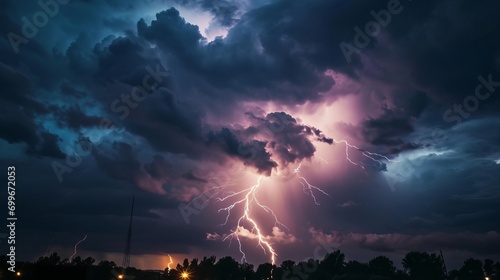 Lightning strikes illuminate the dark cloudy sky in a dramatic display of nature's power. Flashes of light cut through the darkness, creating an atmospheric and electrifying scene