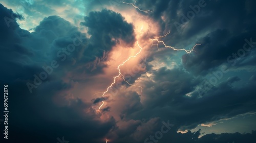 Lightning strikes illuminate the dark cloudy sky in a dramatic display of nature's power. Flashes of light cut through the darkness, creating an atmospheric and electrifying scene photo