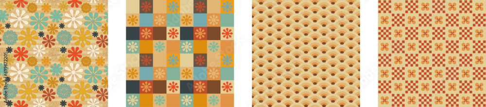 A retro style seamless patterns set with a hippie flower aesthetic design, vector background. Print surface for textiles, wrapping, and webs.