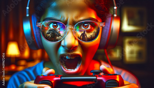 Young angry Indian teenage girl playing a violent video game in her bedroom at home at night.