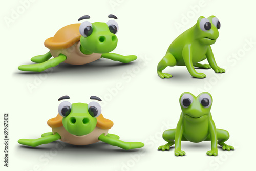 3D turtle and frog in different positions. Front and side view. Green cute amphibians. Templates for dynamic design, movement in game. Vector creatures with friendly faces