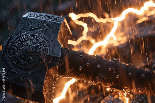 mjolnir with vikins with lightning photo