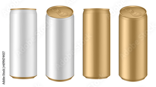 Set of white and gold tin cans of energy drink, juice or soda. Cocktail or fitness drink. Cold beverages. Can top view	
