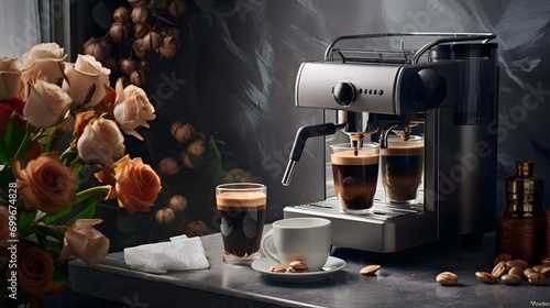 Coffee machine makes espresso. Professional coffee brewing. Cup of fresh hot espresso with coffee beans on grey natural background with flower. Coffee break. Romantic morning. photo