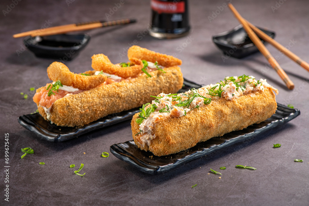 Fried Sushi Roll Brazilian style. Sushi dog.