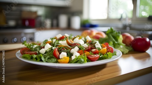 In a bright white kitchen, a delicious and healthy appetizer is being prepared - an enticing salad featuring green leafy vegetables, vibrant red tomatoes, white cheese, and fresh fruit, complemented