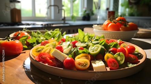 In a bright white kitchen  a delicious and healthy appetizer is being prepared - an enticing salad featuring green leafy vegetables  vibrant red tomatoes  white cheese  and fresh fruit  complemented