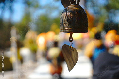 Closeup Hanging bells Blur  background at Phraphuttha Mettha  Phu Kradueng National Park Loei Thailand