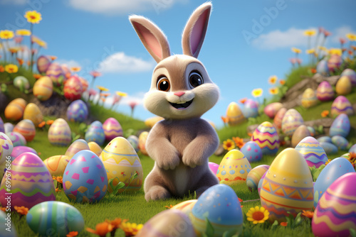 cute 3d smiling Happy Easter bunny with many colorful easter eggs