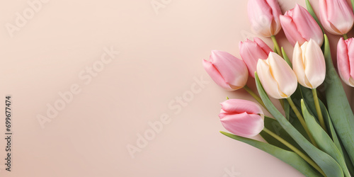 Beautiful pink tulip spring flowers on beige background with copy space