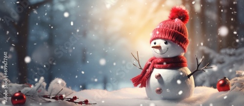 Traditional winter decoration featuring a little snowman wearing a red hat and scarf, in snowy weather, for a Christmas greeting card. © AkuAku