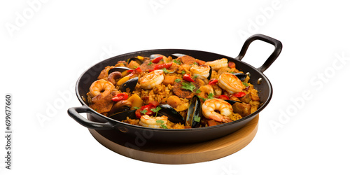 side view of typical seafood and rice spanish paella with mussels, prawns and pieces of lemon PNG on transparent background