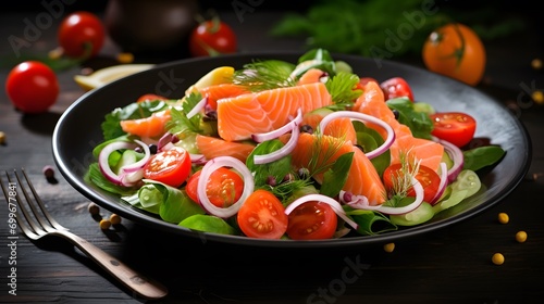 Salad with cucumbers tomatoes paprica onion and fresh salmon