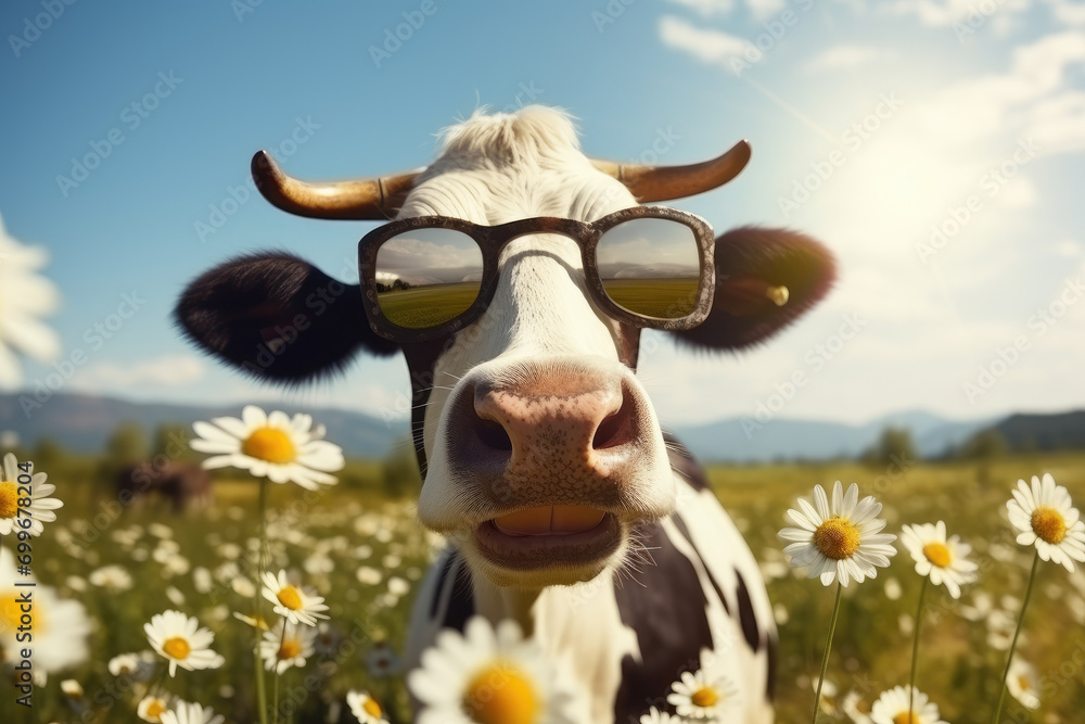 Cute cow in sunglasses on the meadow with daisies