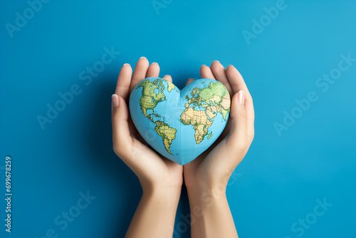 Hands hold Earth ball in heart shape 