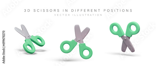 Realistic open green scissors in different positions. Stationery for cutting paper, cardboard