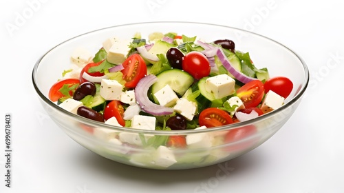Salad with fresh veggies and cheese, isolated on a white background. Grecian salad. 
