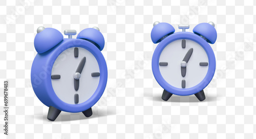 Realistic alarm clock, front and side view. Vintage round table clock model