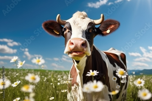 Cute cow on the meadow with daisies