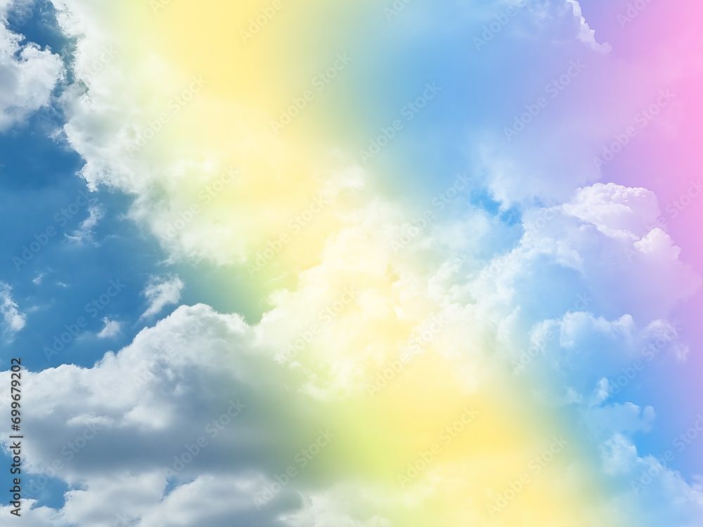 beauty sweet pastel yellow and pink colorful with fluffy clouds on sky. multi color rainbow image. abstract fantasy growing light