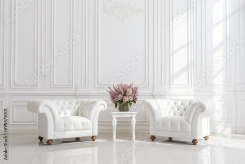 Two white tufted armchairs in a white room with high ceilings