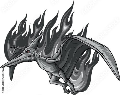 monochromatic pterosaur with flames on white background