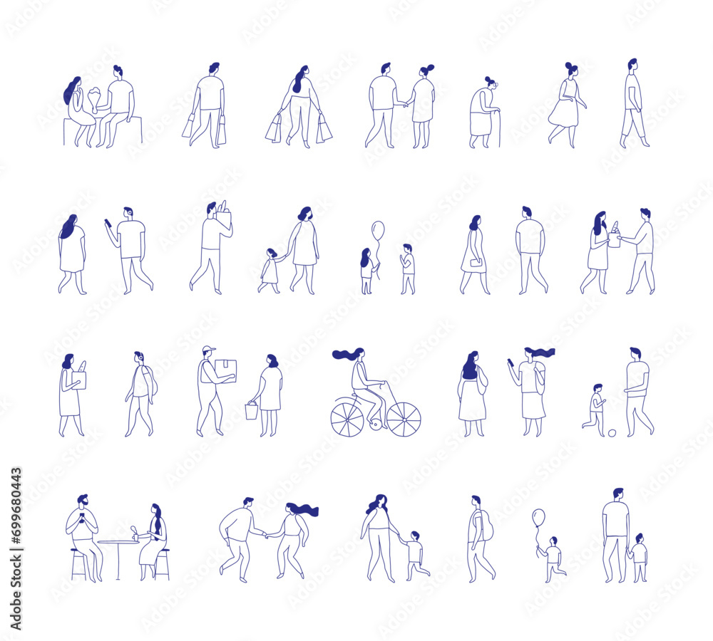 Background people silhouette line vector set. People crowd. Men and women, kids walking outdoor Background people silhouette line vector set. People crowd. Men and women, kids walking outdoor
