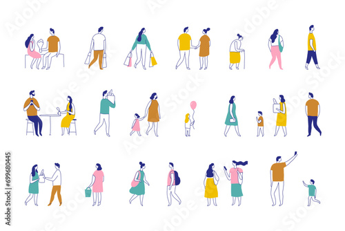 Background people silhouette line vector set. People crowd. Men and women, kids walking outdoor