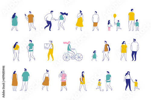 Background people silhouette line vector set. People crowd. Men and women, kids walking outdoor