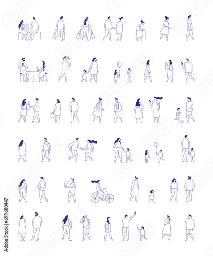Background people silhouette line vector set. People crowd. Men and women, kids walking outdoor