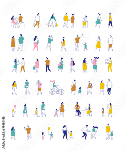 Background people silhouette line vector set. People crowd. Men and women, kids walking outdoor