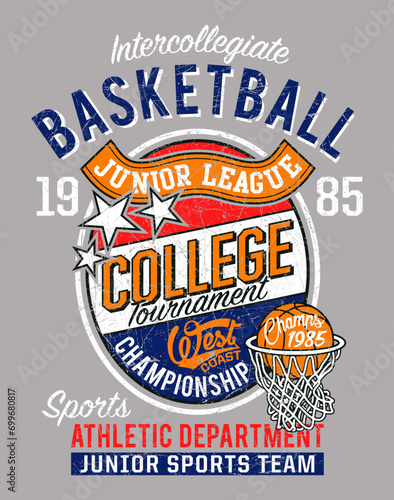 College basketball championship junior league  vintage vector print for boy t shirt grunge effect in separate layers