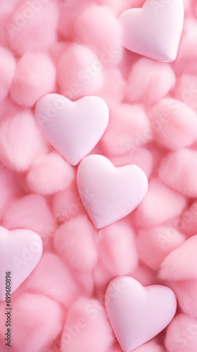 Multiple fluffy hearts against a soft, fluffy pink background. The pink background appears cloud-like, creating a dreamy and romantic atmosphere. Valentine's day background.