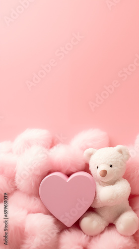 A pink teddy bear holding a pink heart. The teddy bear is surrounded by fluffy, cloud-like textures that are  pink, creating a dreamy and tender atmosphere. Valentine's day background, romantic feel © Andrey