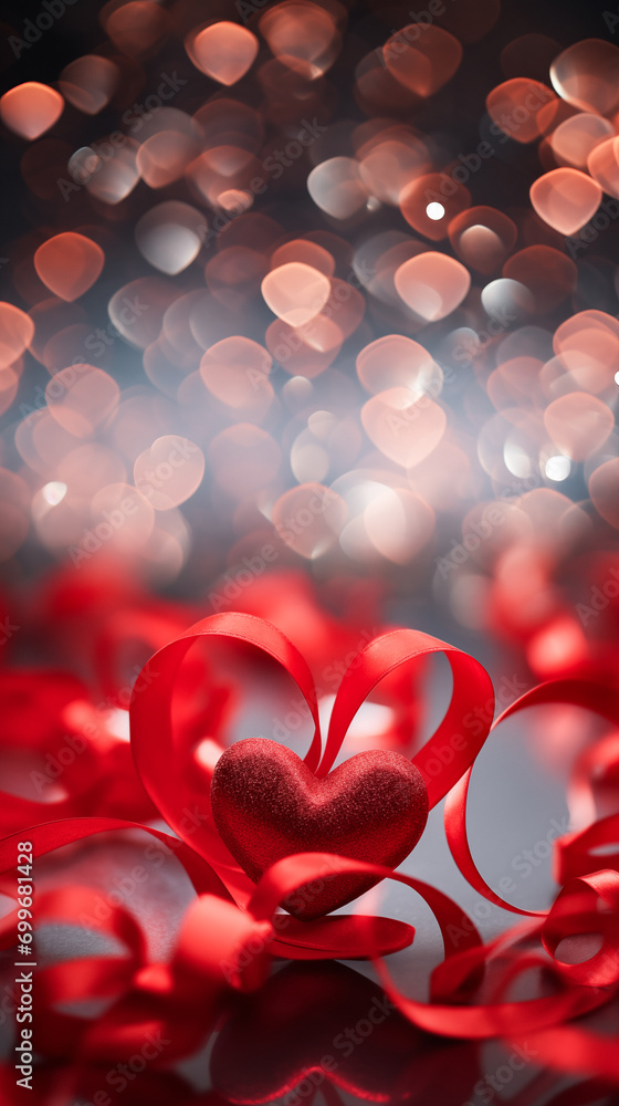 Valentines day background with red heart-shaped decorations, red ribbons swirl around the hearts and bokeh effect. Romantic and festive atmosphere. Valentines day background with red heart-shaped decorations, red ribbons swirl around the hearts and bokeh effect. Romantic and festive atmosphere.