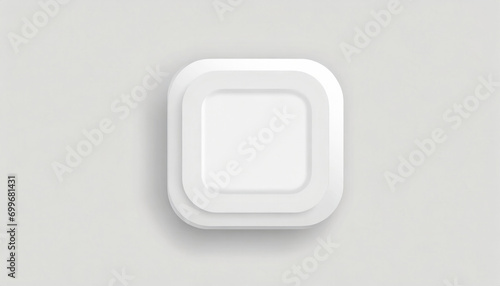 A 3D neumorphism design depicting a square white button with a soft shadow on a clean white background.