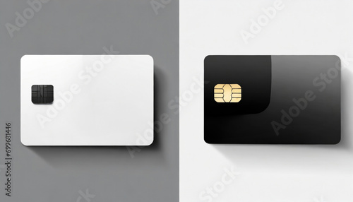 Two credit cards, one white and one black, with realistic chips, isolated on a neutral background with shadows. photo