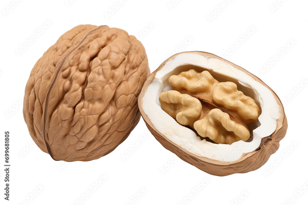 Top side closeup macro view of walnut, peeled and in shell, on a white isolated background PNG Top side closeup macro view of walnut, peeled and in shell, on a white isolated background PNG