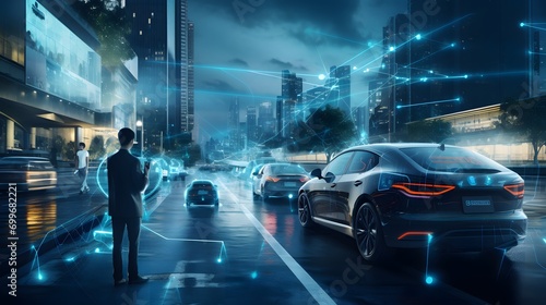 Visualization of the interaction of self-driving autonomous vehicles. Robotic cars are controlled by AI, driving along a busy city avenue, scanning the road with sensors, exchanging information. © Ziyan Yang
