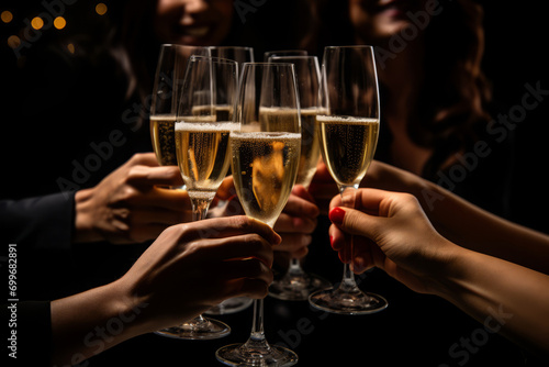 Group of friends toasting with champagne glasses at party. Hands clink with wine glasses. Celebrating holidays concept