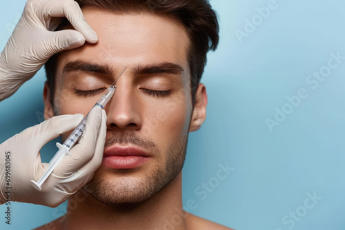 Young beautiful man receives botox injection for facelifting. Male aesthetic medicine. Cosmetology procedure in beauty clinic photo