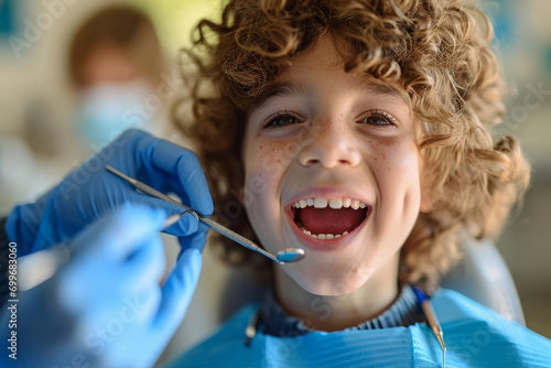 Happy smiling boy sitting in dentist chair. Visit to the dentist without fear. Oral hygiene and dental examination in children for the prevention of caries photo