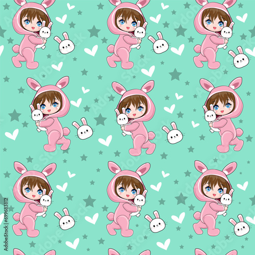 Cute cartoon anime girls and bunny on a mentol background seamless pattern. Anime Vector illustration print for kids. Funny rabbit