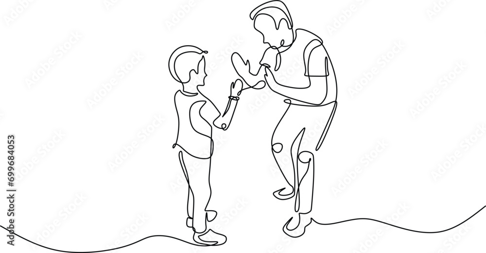 Father and son playing together. One continuous single line isolated on white background. Father and son playing together. One continuous single line isolated on white background.