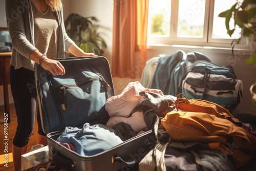 Woman packing clothes in suitcase at home