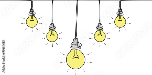 Five Hanging extinct yellow light bulbs with knot tangled cable and one glowing with straight cord. Concept of idea and choosing successful idea 