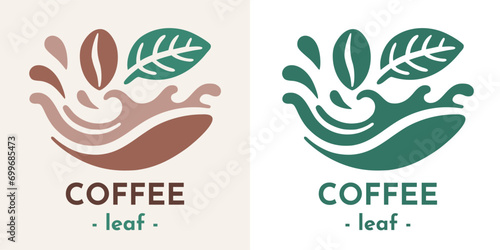 Coffee logo with green leaf and splash of coffee water for coffee shop business. Simple flat style design.