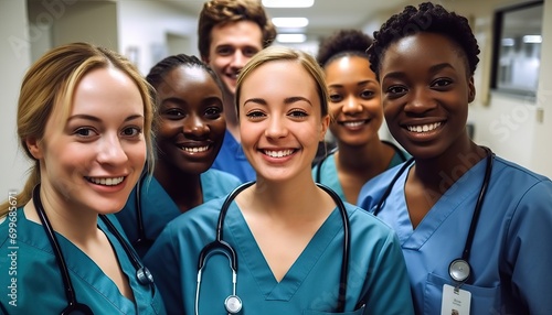 Group of doctors and nurses taking selfie in hospital corridor