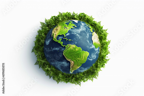 planet with green leaves around on white background. Isolated on white background.concept of eco, bio, nature conservation